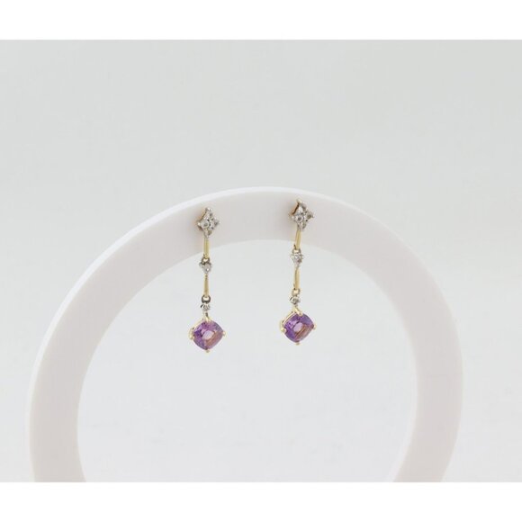 14k Yellow Gold Natural Amethyst & White Topaz Earrings Dangle Drop 1" x 1/4" - Picture 7 of 7